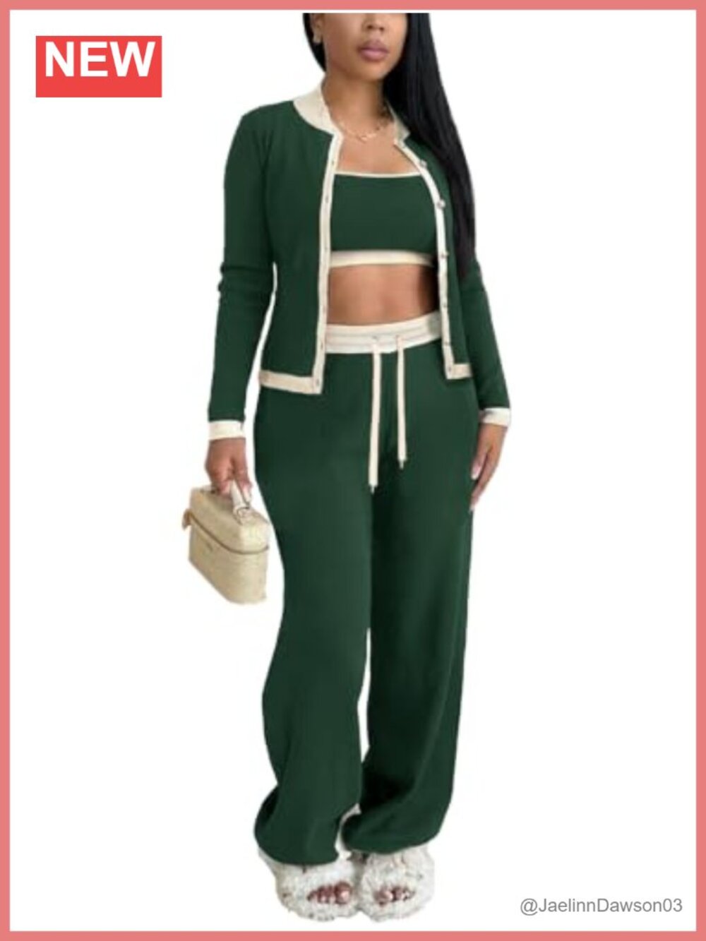 3 Piece Lounge Set Scoop Neck Crop Tank Wide Leg Pants Open Cardigan